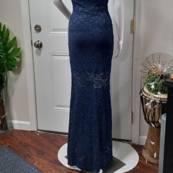 NWOT Quiz Bardot Embellished Sequin Cocktail Formal Prom Gown Navy Blue 4 - Picture 6 of 12